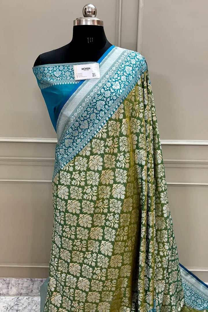 Mehendi and Firozi Temple Buta Katan Silk Banarasi Saree