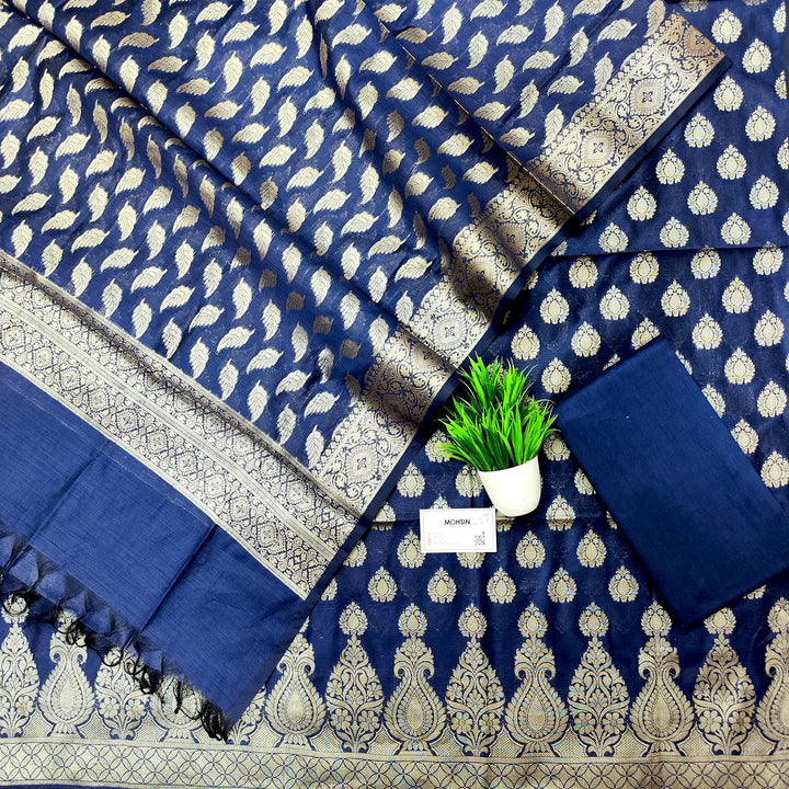 Navy Blue Kalgha Buti Banarasi Silk Suit