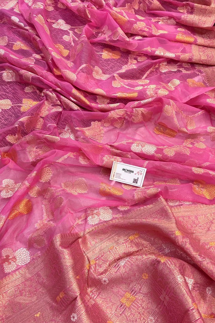 Baby Pink Golden Zari Organza Silk Banarasi Saree