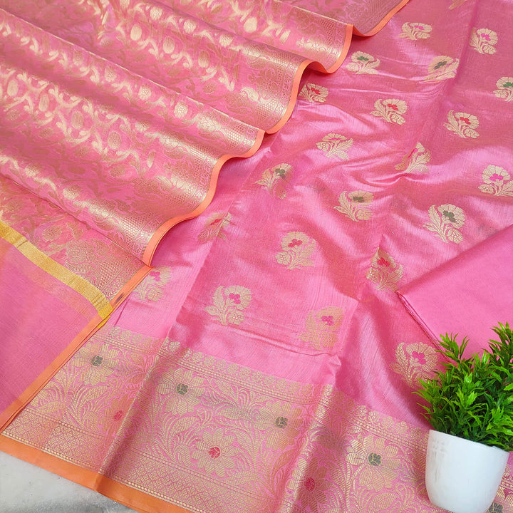 Baby Pink Meenakari Golden Zari Banarasi Silk Salwar Suit