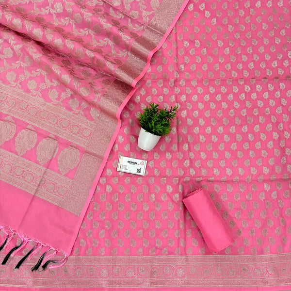 Baby Pink Tedhi Patti Katan Silk Banarasi Suit