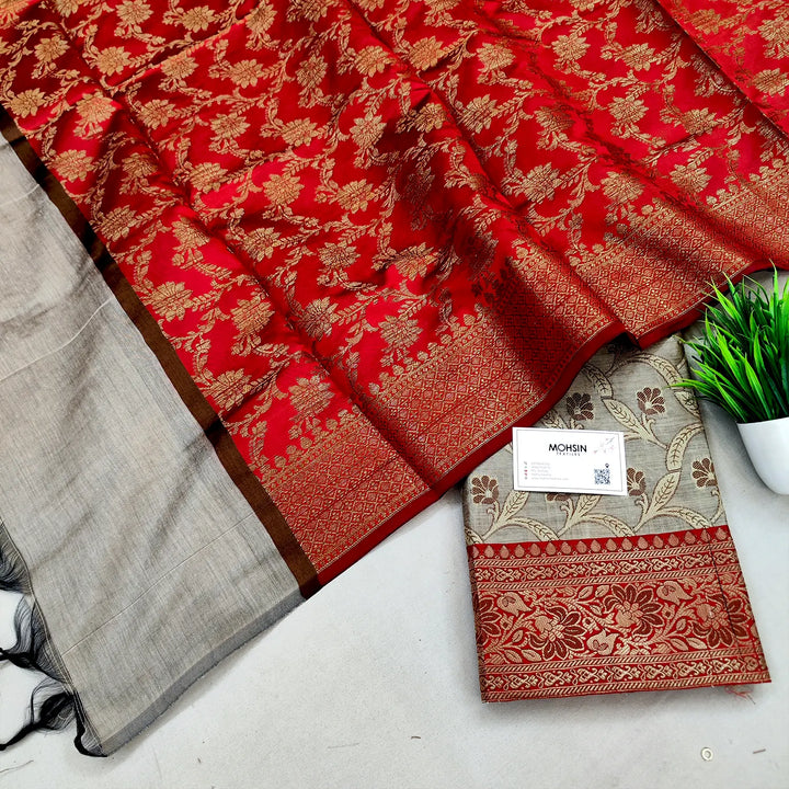 Beige and Red Patti Jaal Banarasi Silk Suit