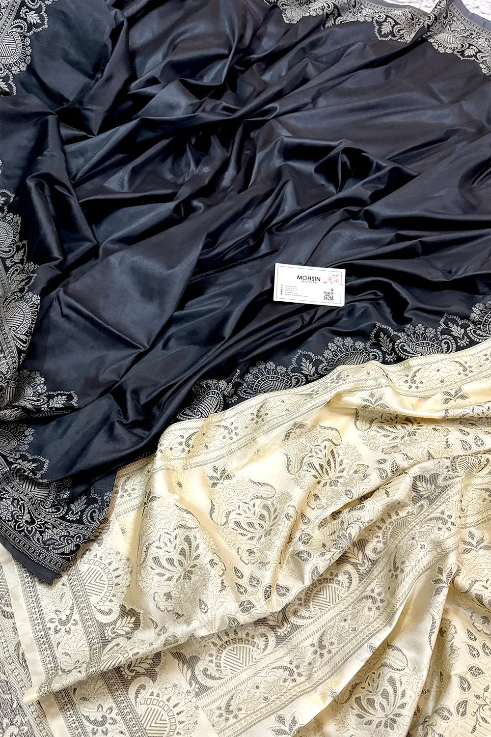 Black and Beige Plain Resham Silk Banarasi Saree