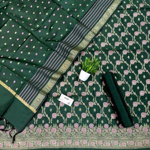 Bottle Green Golden Zari Satin Silk Banarasi Suit