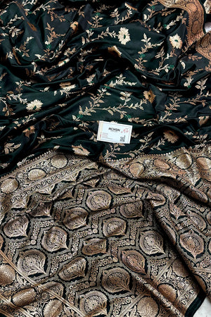 Bottle Green Golden Zari Katan Silk Banarasi Saree