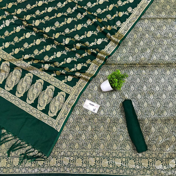 Bottle Green Golden Zari Katan Silk Banarasi Suit