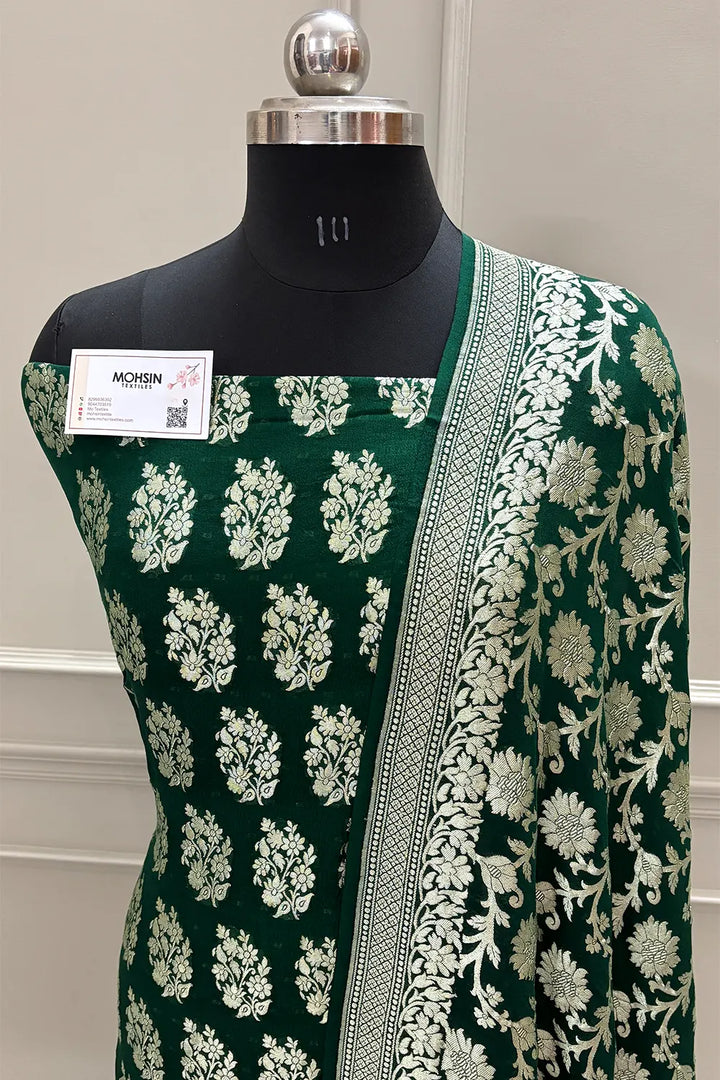 Bottle Green Pure Georgette Silk Banarasi Suit