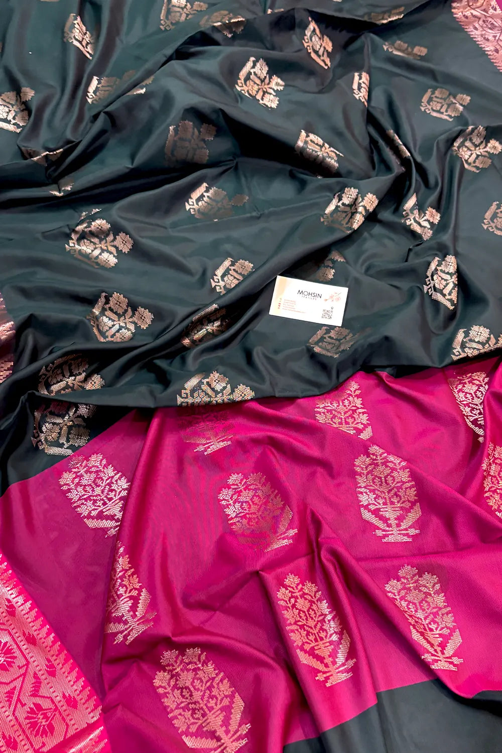 Bottle Green and Pink Golden Zari Banarasi Silk Saree
