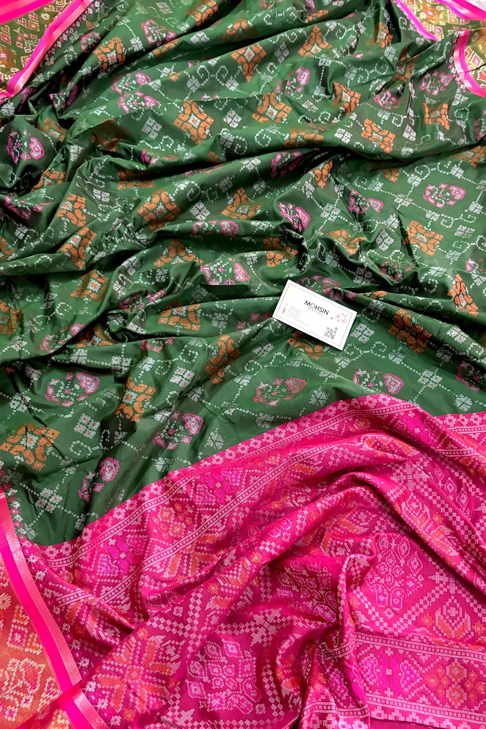 Bottle Green and Pink Resham Zari Banarasi Silk Saree