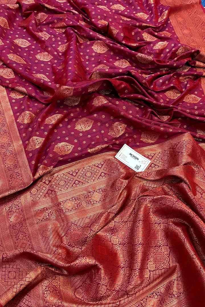 Dark Magenta Antique Zari Satin Silk Banarasi Saree