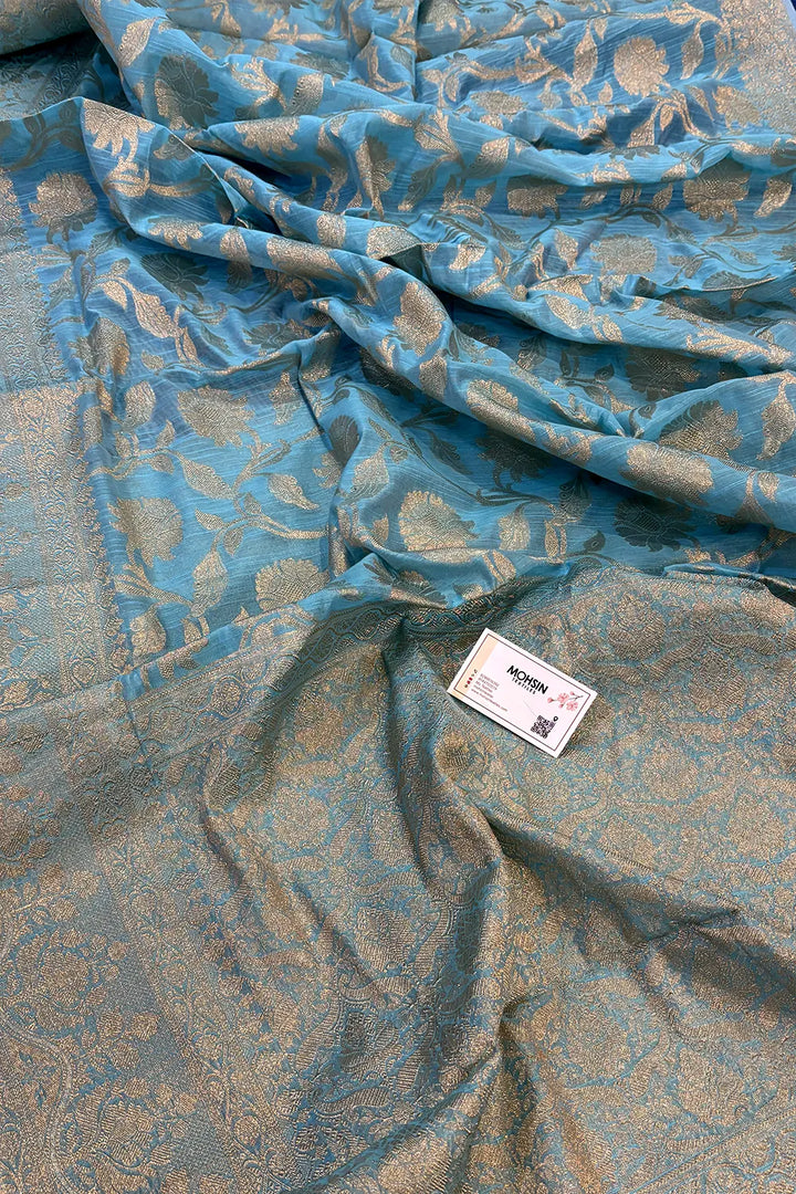 Firozi Golden Zari Chanderi Silk Banarasi Saree