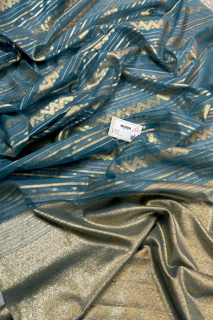 Firozi Resham Zari Chanderi Silk Banarasi Saree
