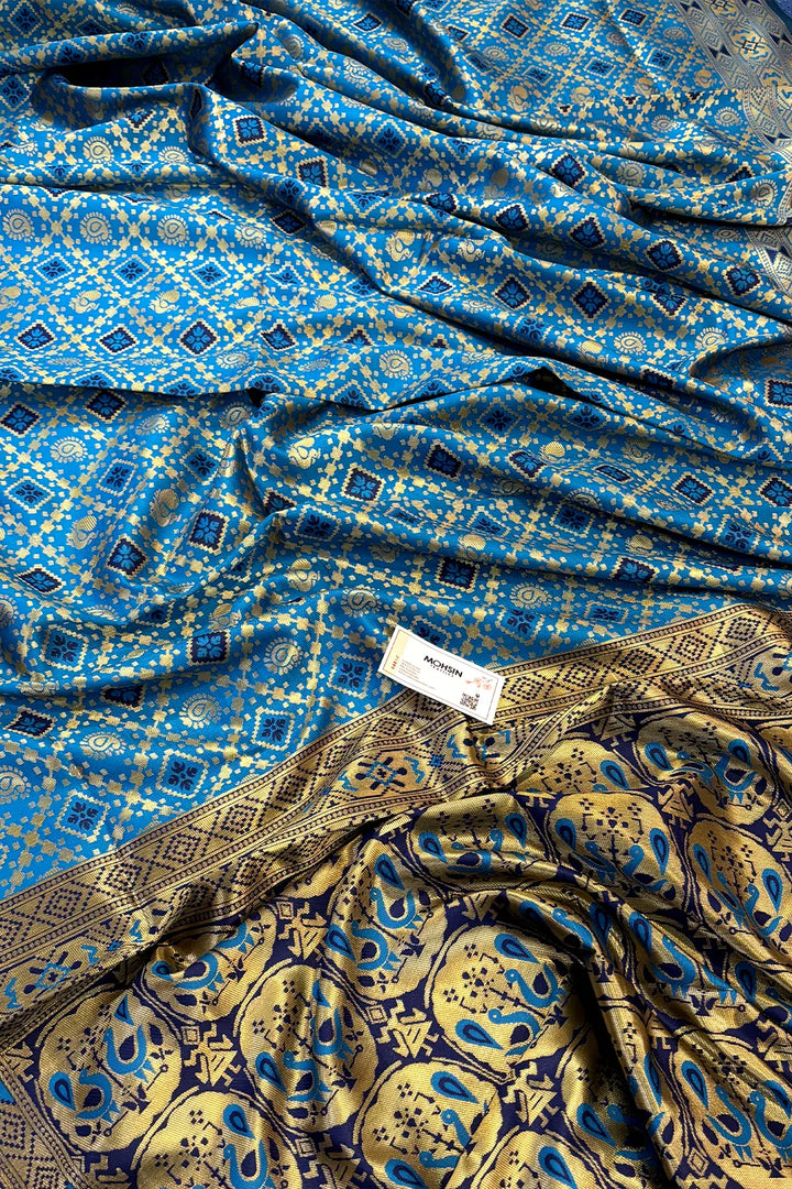 Firozi and Navy Blue Silky Banarasi Saree