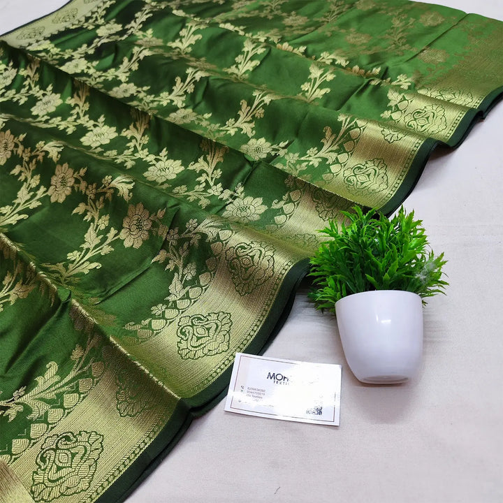 Green Golden Zari Satin Silk Banarasi Dupatta