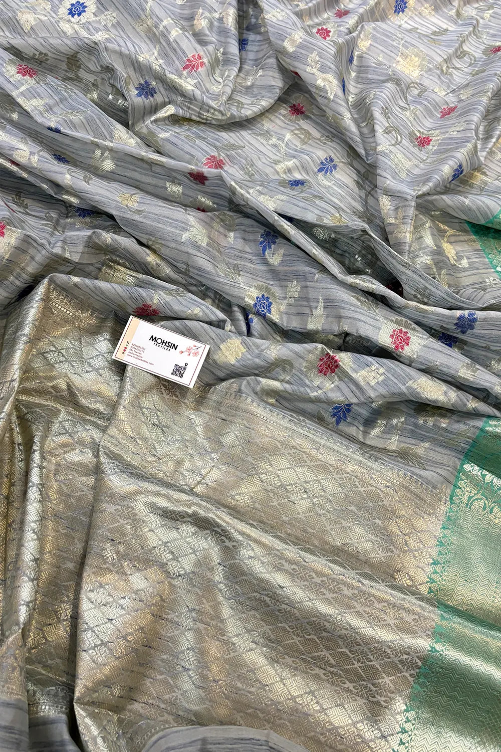 Grey and Sea Green Golden Zari Tussar Silk Banarasi Saree