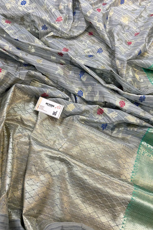 Grey and Sea Green Golden Zari Tussar Silk Banarasi Saree