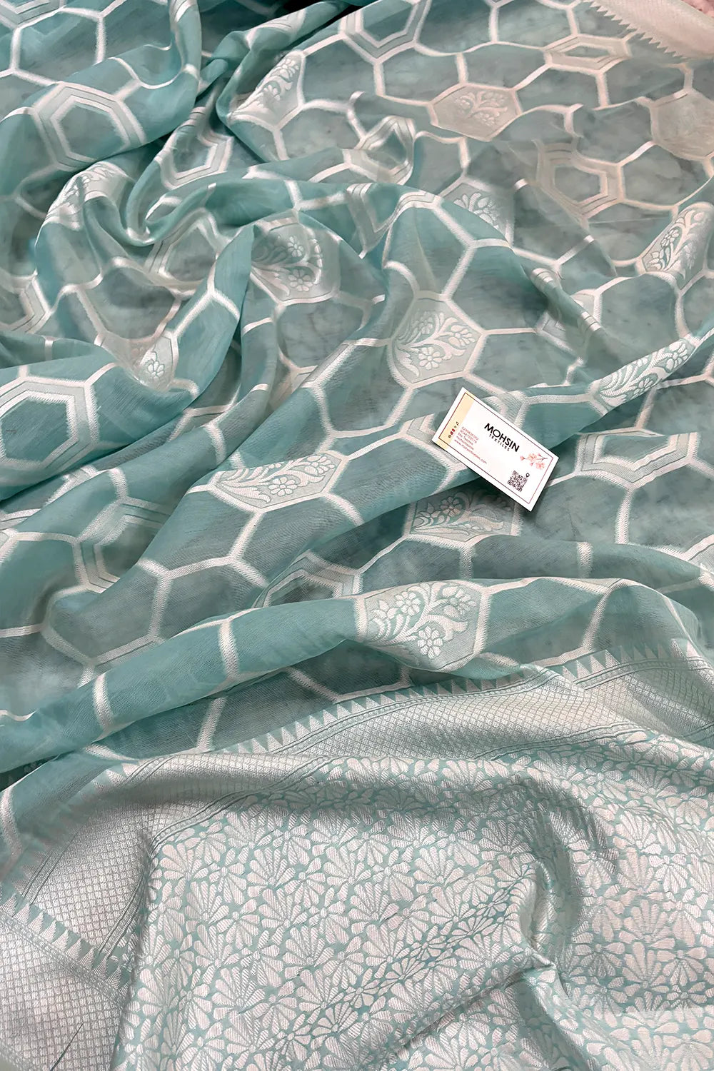 Light Firozi Resham Zari Cotton Silk Banarasi Saree