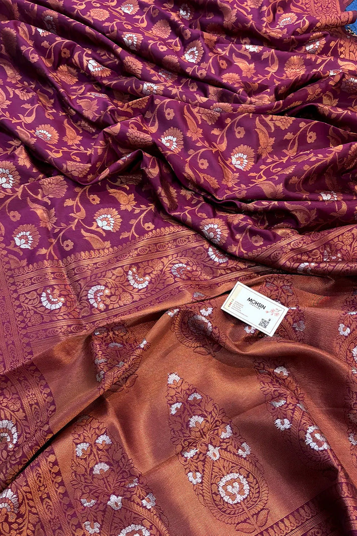 Magenta Antique Zari Satin Silk Banarasi Saree