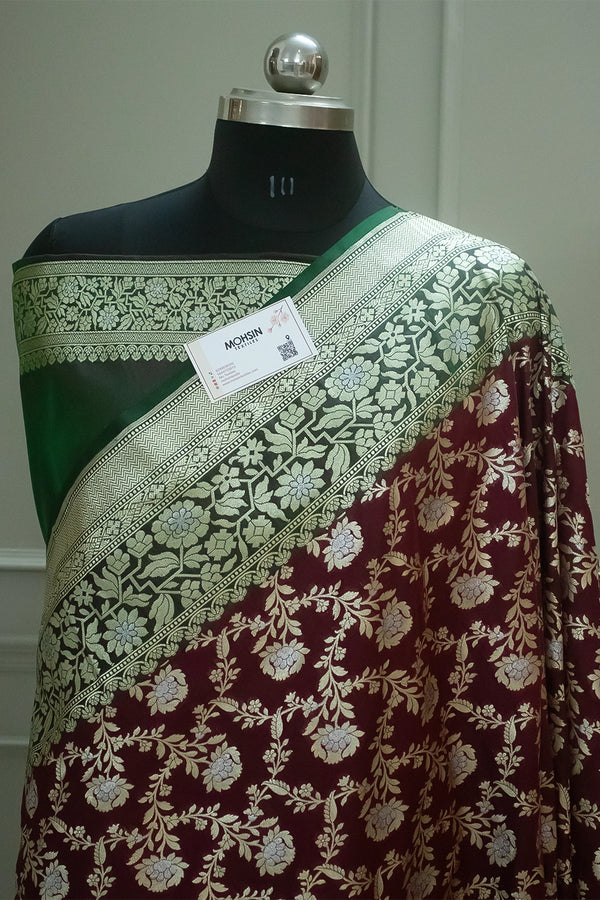 Maroon and Green Maharani Jaal Crepe Silk Banarasi Saree