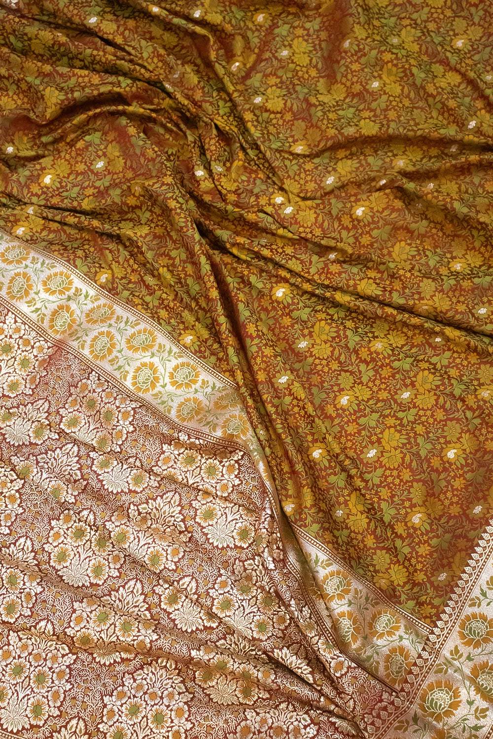 Maroon and Rust Jungli Jaal Katan Silk Banarasi Saree