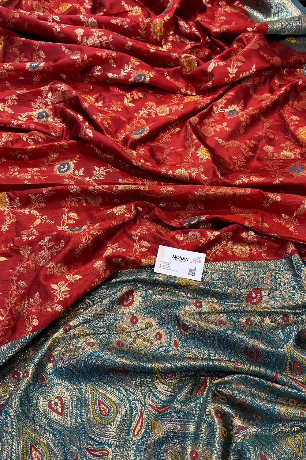 Maroon and Teal Golden Zari Silky Banarasi Saree