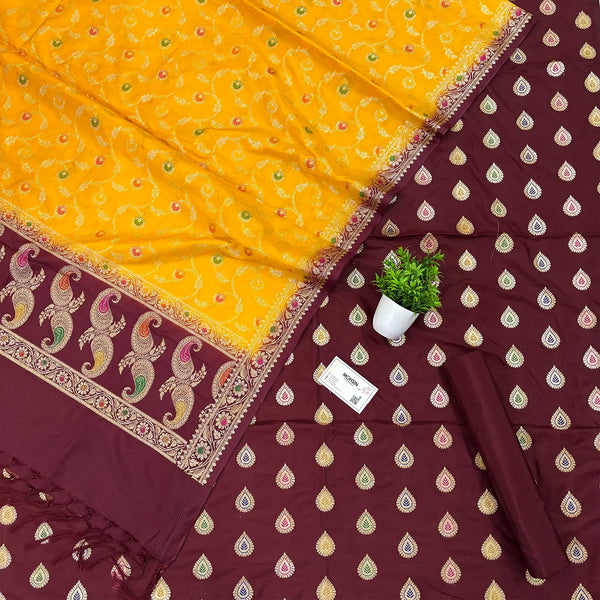 Maroon and Yellow Golden Zari Katan Silk Banarasi Suit