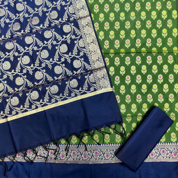 Mehendi and Navy Blue Contrass Satin Silk Banarasi Suit