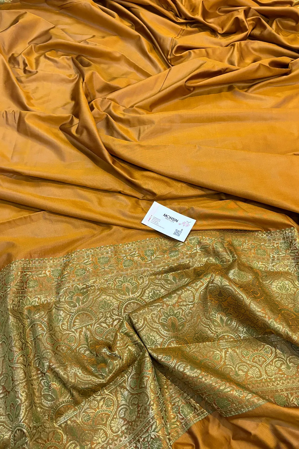 Mustard Plain Golden Zari Silky Banarasi Saree