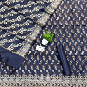 Navy Blue Fan Flower Banarasi Silk Suit