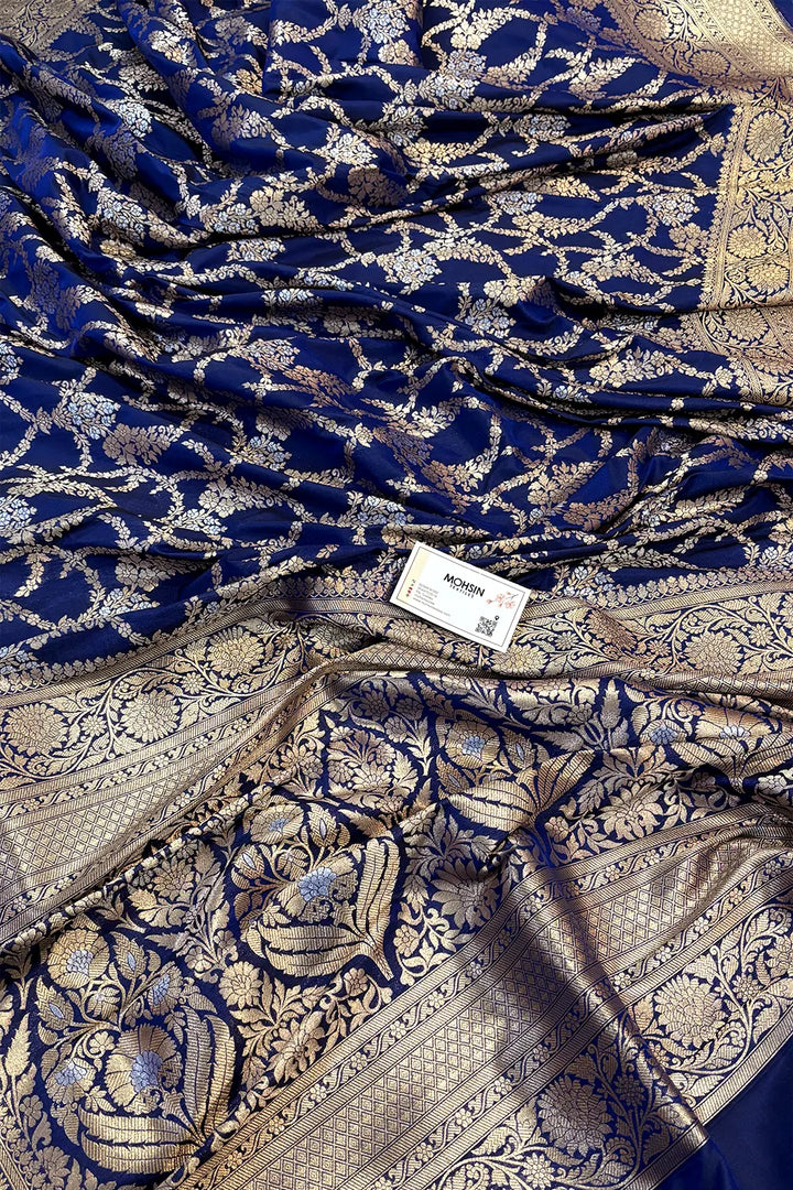 Navy Blue Gulista Jaal Katan Silk Banarasi Saree