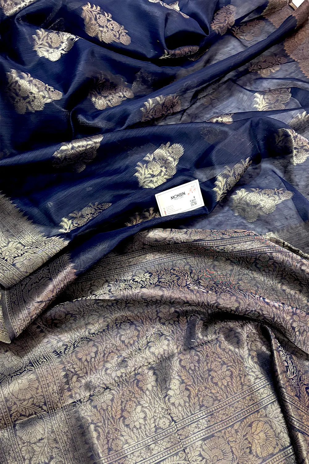 Navy Blue Resham Zari Cotton Silk Banarasi Saree