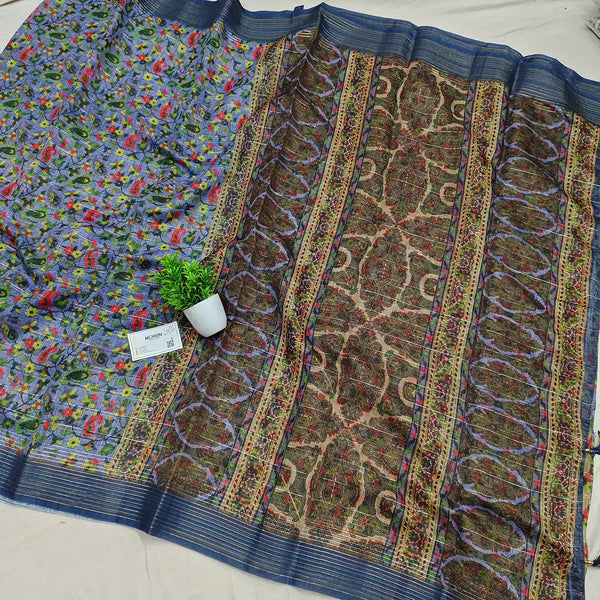 Navy and Yellow Printed Cotton Silk Banarasi Saree