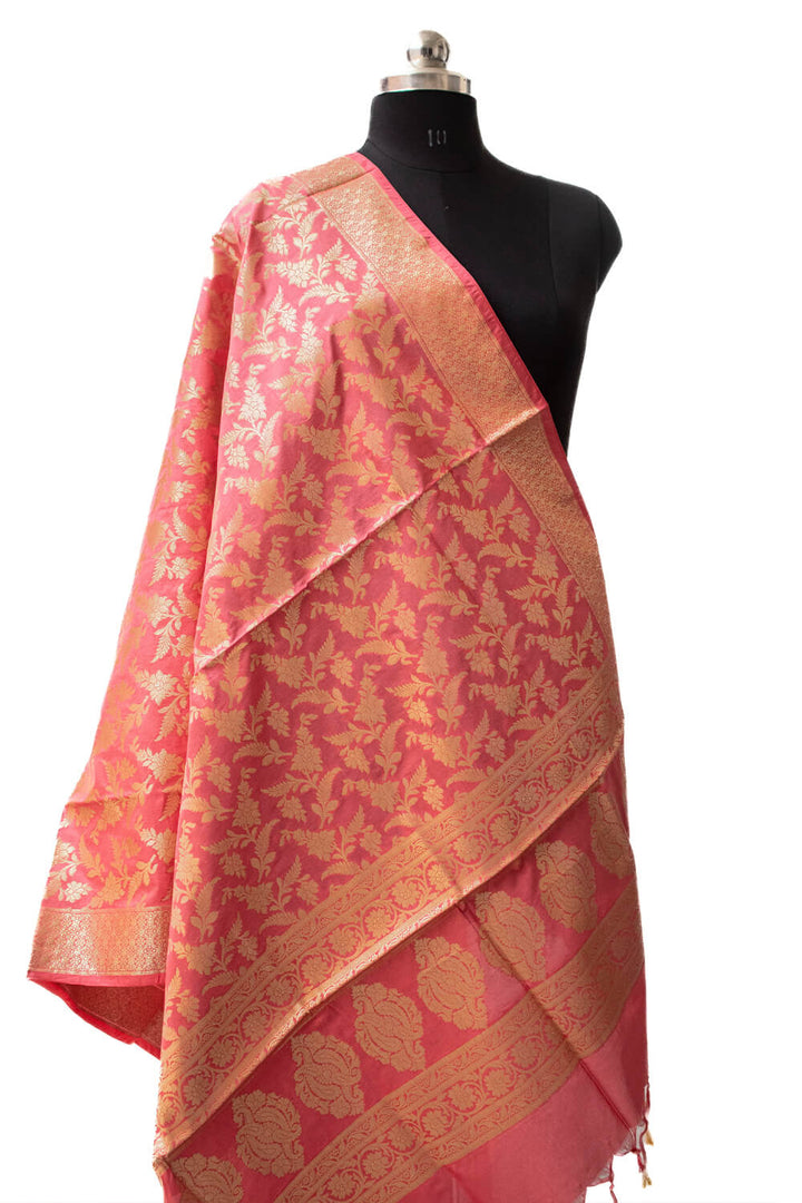 Peach Golden Zari Katan Silk Banarasi Dupatta