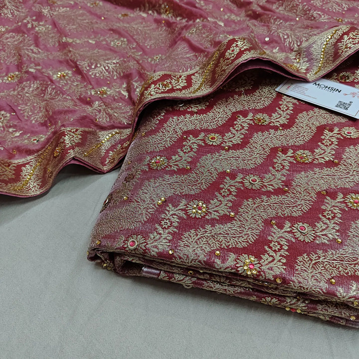 Peach Jharna Laher Stone Work Kimkhab Silk Banarasi Gharara