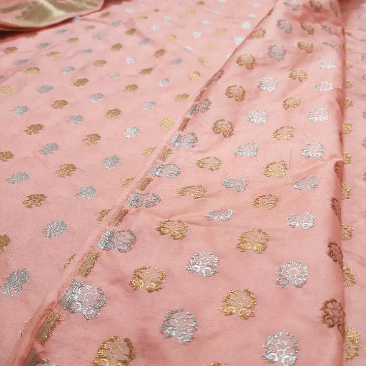 Peach Silver Golden Zari Katan Silk Banarasi Suit