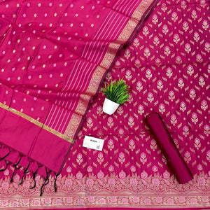 Pink Golden Zari Satin Silk Banarasi Suit