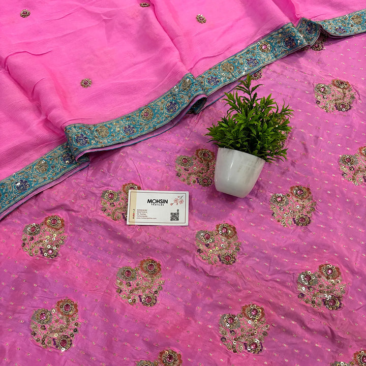 Pink Golden Zari Katan Silk Banarasi Suit