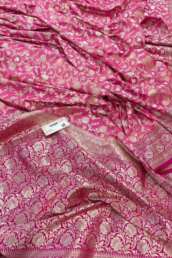 Pink and Rani Gulabi Jaal Katan Silk Banarasi Saree