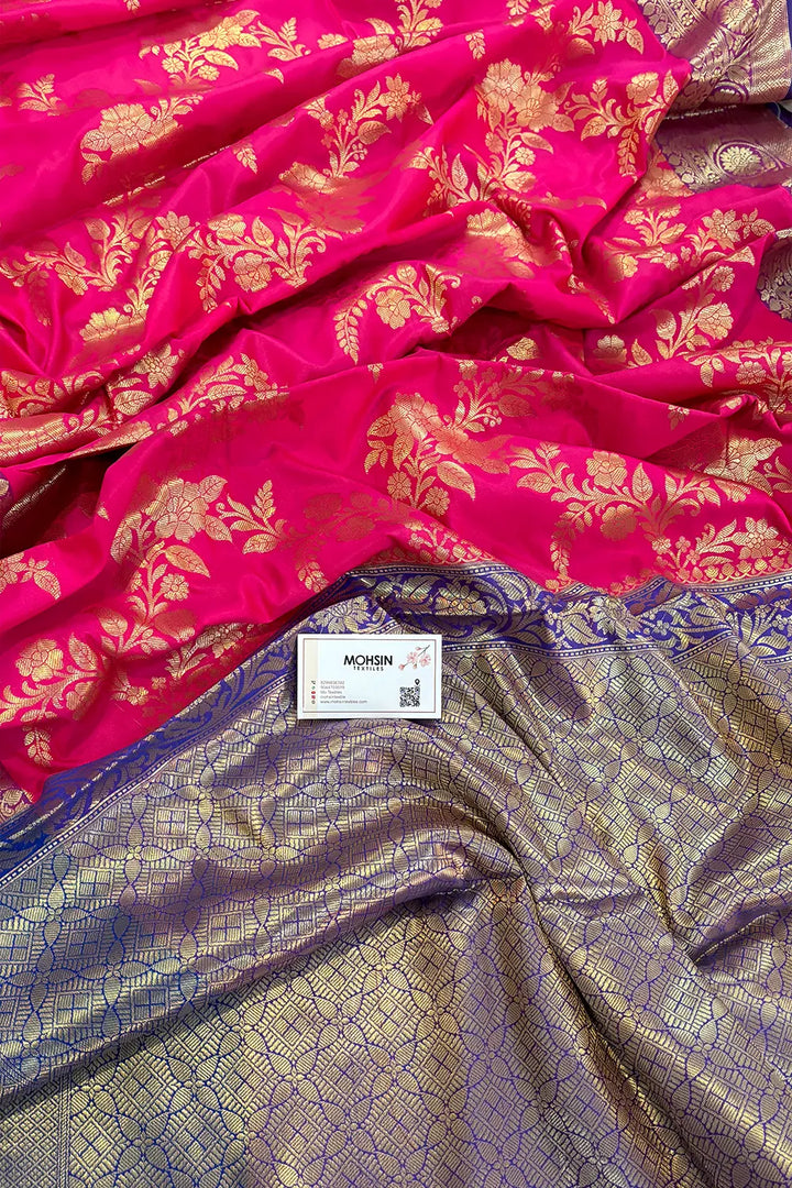 Pink and Royal Blue Bharama Jaal Satin Silk Banarasi Saree