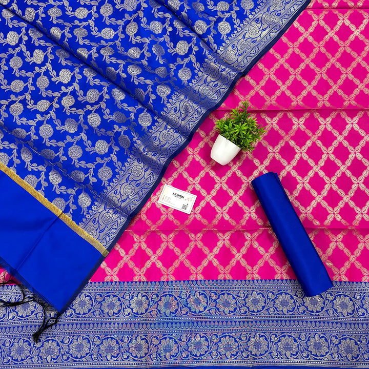 Pink and Royal Blue Zanjeer Satin Silk Banarasi Suit