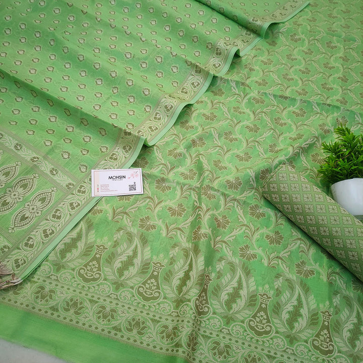 Pista Resham Zari Cotton Silk Banarasi Suit