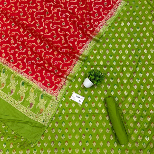 Pista and Red Golden Zari Katan Silk Banarasi Suit