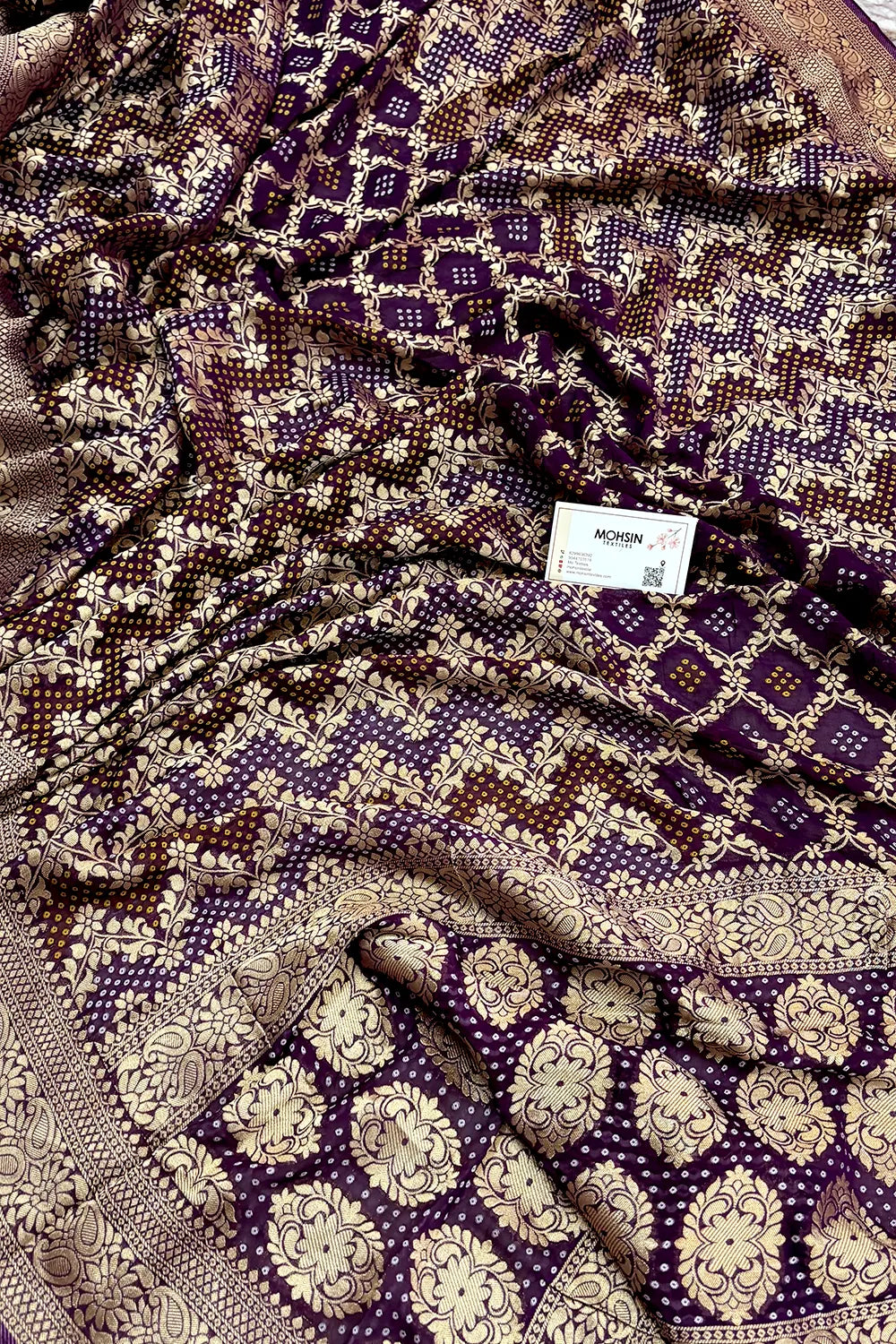 Purple Bandhej Georgette Silk Banarasi Saree