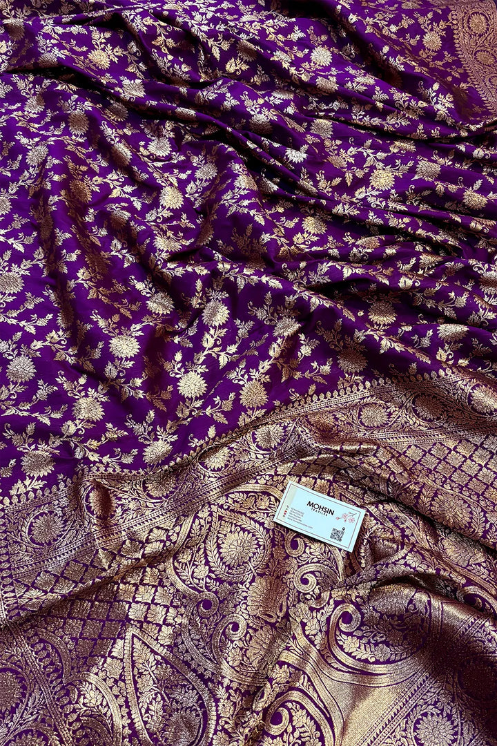 Purple Golden Zari Satin Silk Banarasi Saree