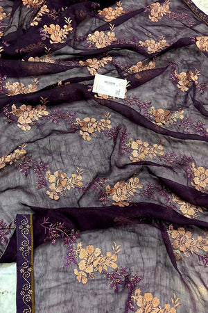 Purple Embordiery Siroski Work Georgette Silk Saree