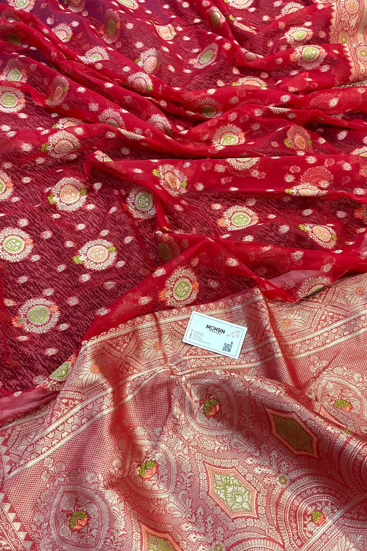 Red Golden Zari Organza Silk Banarasi Saree