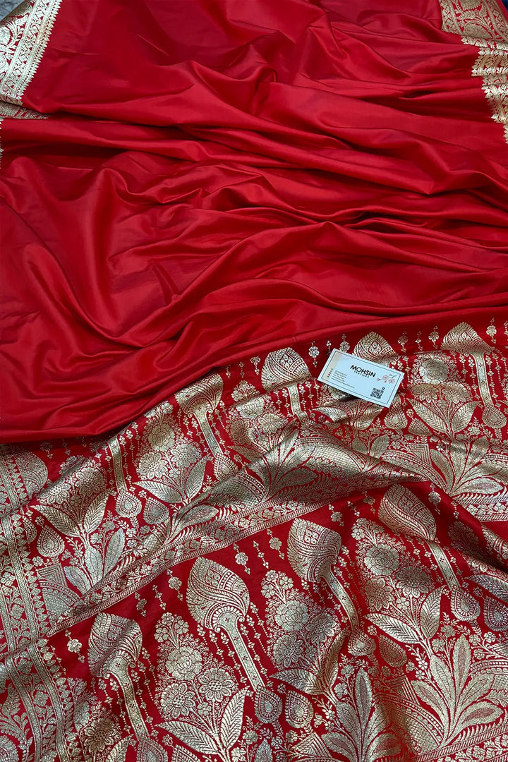 Red Plain Golden Zari Katan Silk Banarasi Saree