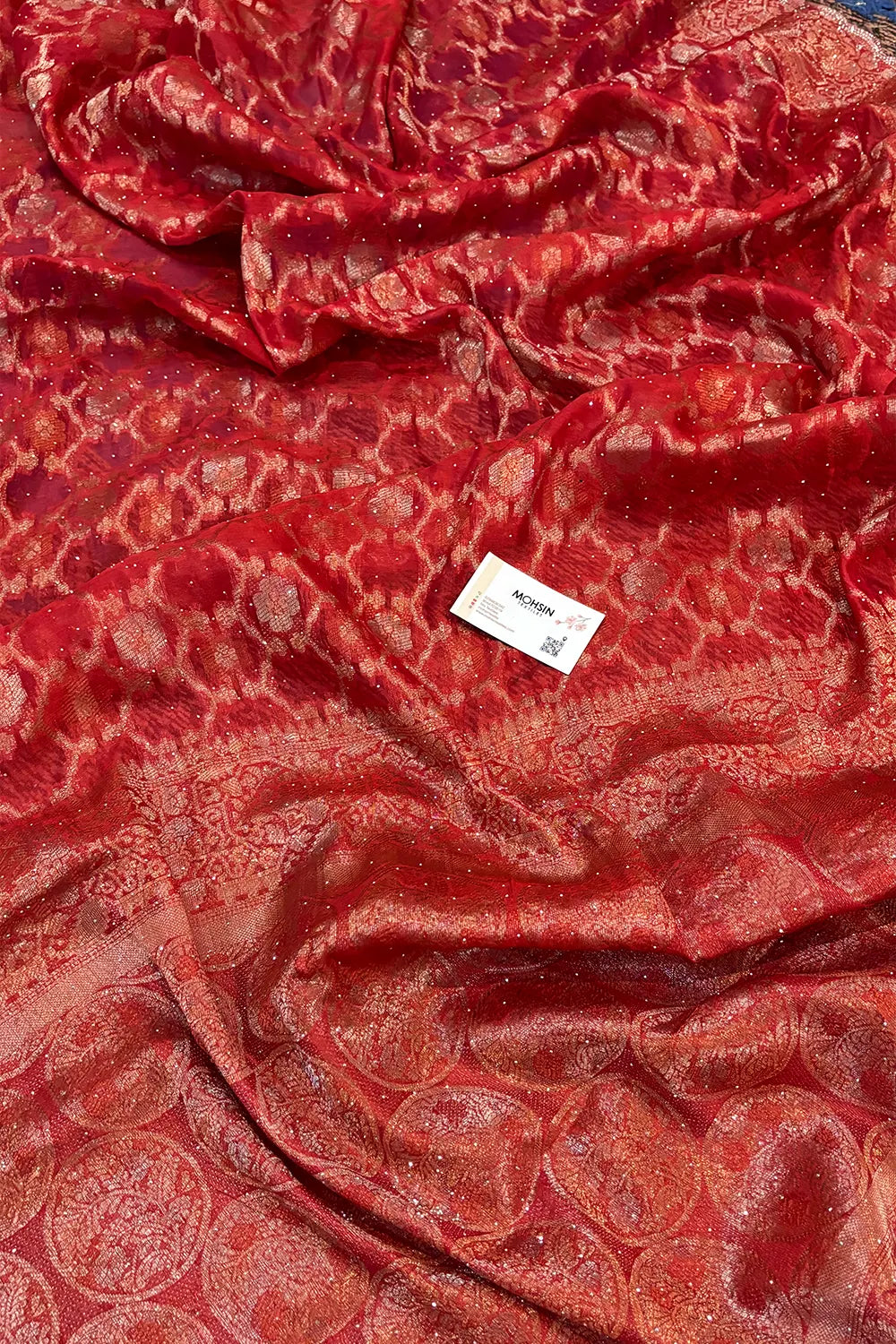 Red Resham Zari Siroski Stone Cotton Silk Banarasi Saree