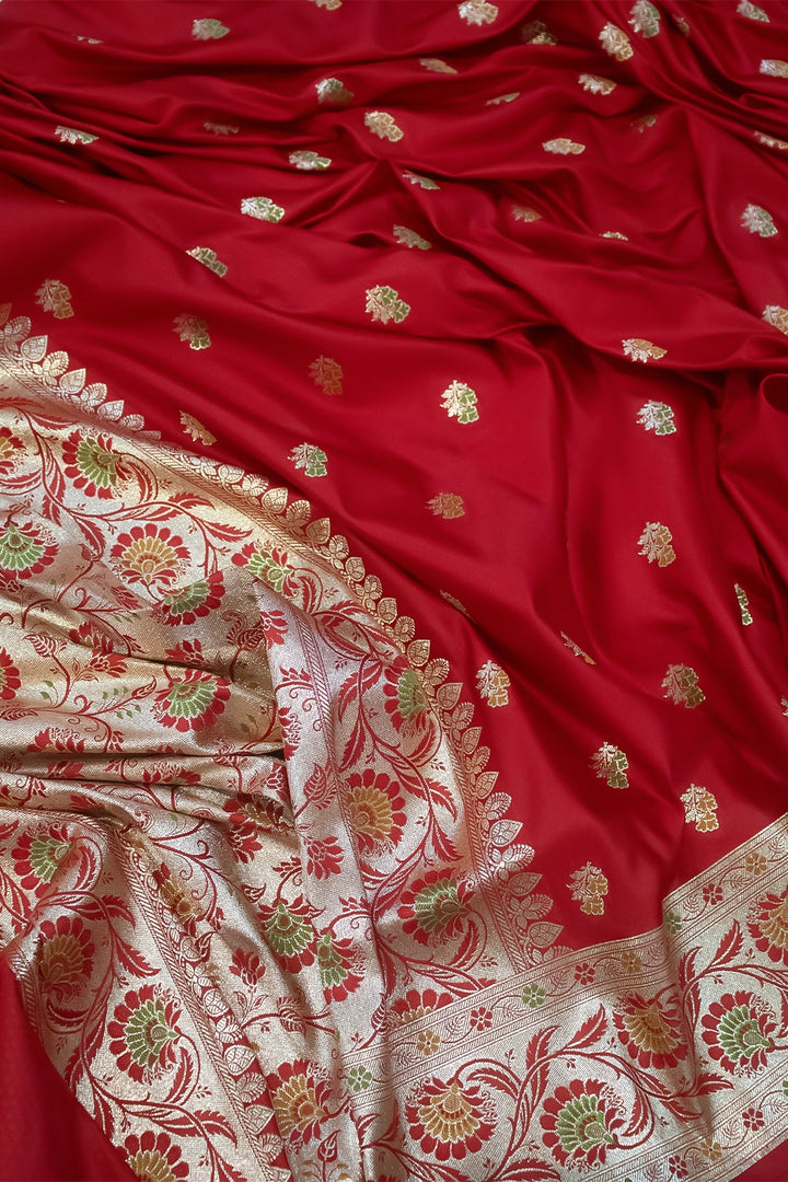 Red Twins Buti Katan Silk Banarasi Saree