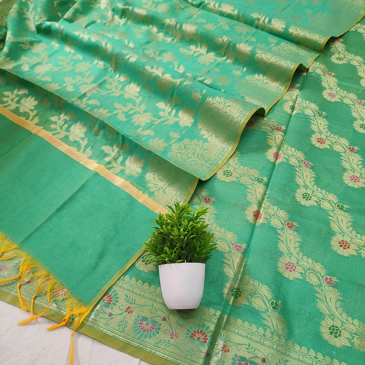 Sea Green Laheriya Golden Zari Banarasi Silk Salwar Suit